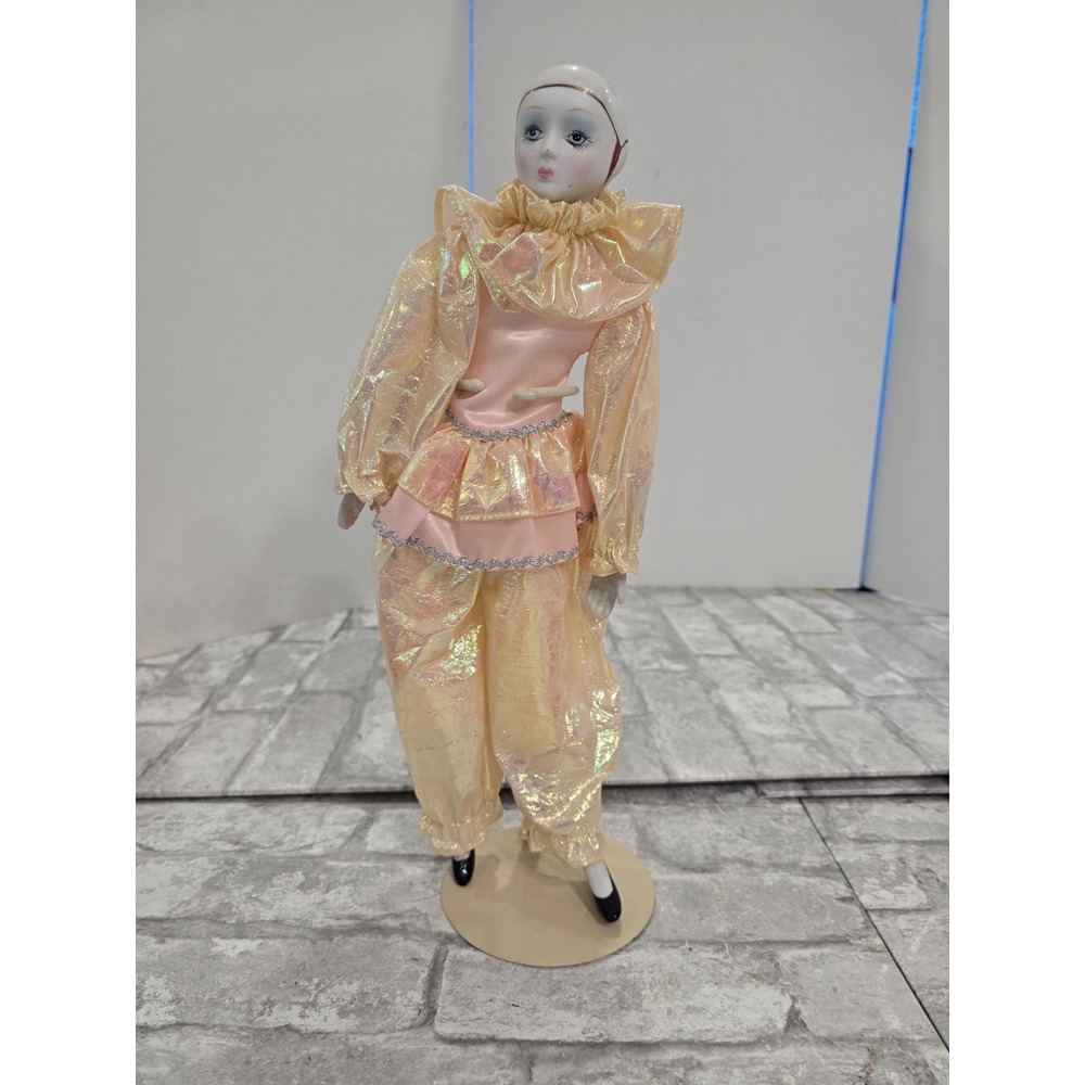 Vintage 1980s Porcelain Harlequin Pierrot Clown Jester Doll Mardi Gras Carnival